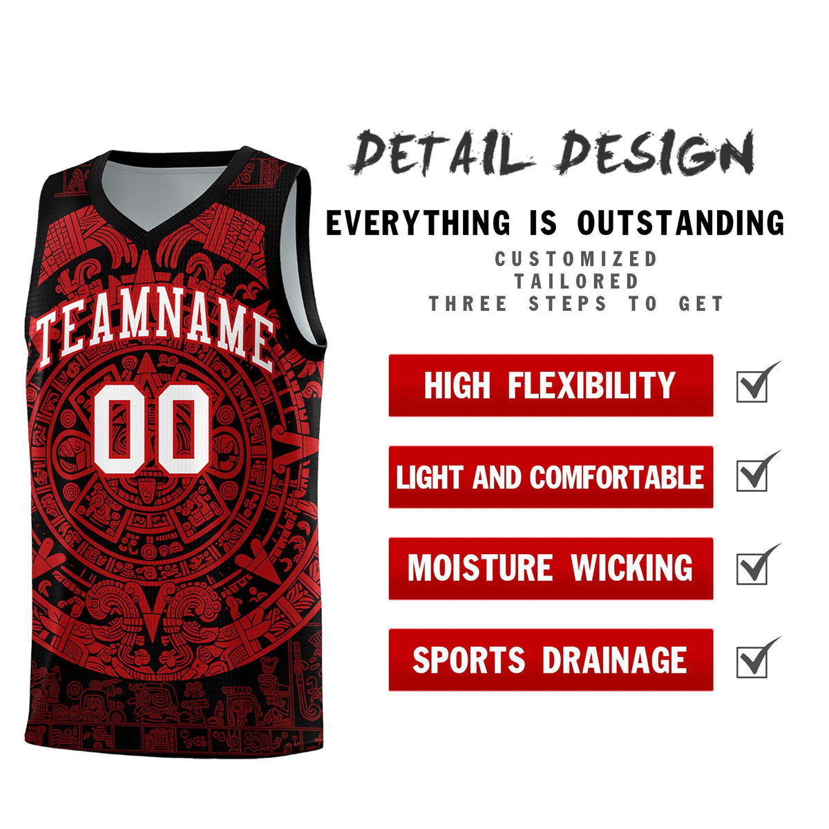 Custom Youth Basketball Jerseys Red Aztec Sun Stone Pattern Custom Team Set