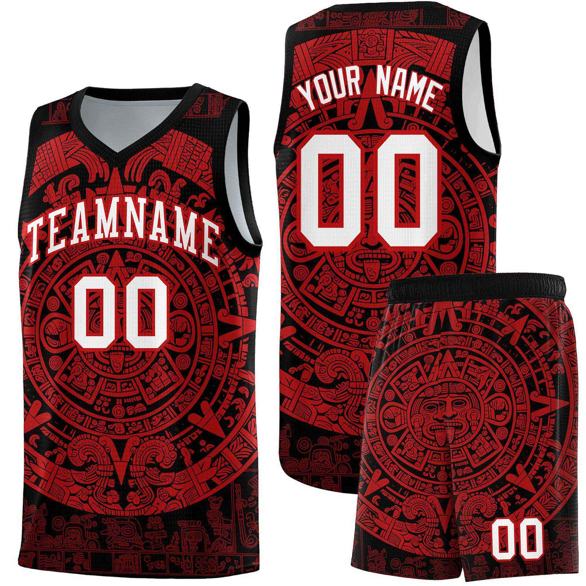 Custom Youth Basketball Jerseys Red Aztec Sun Stone Pattern Custom Team Set