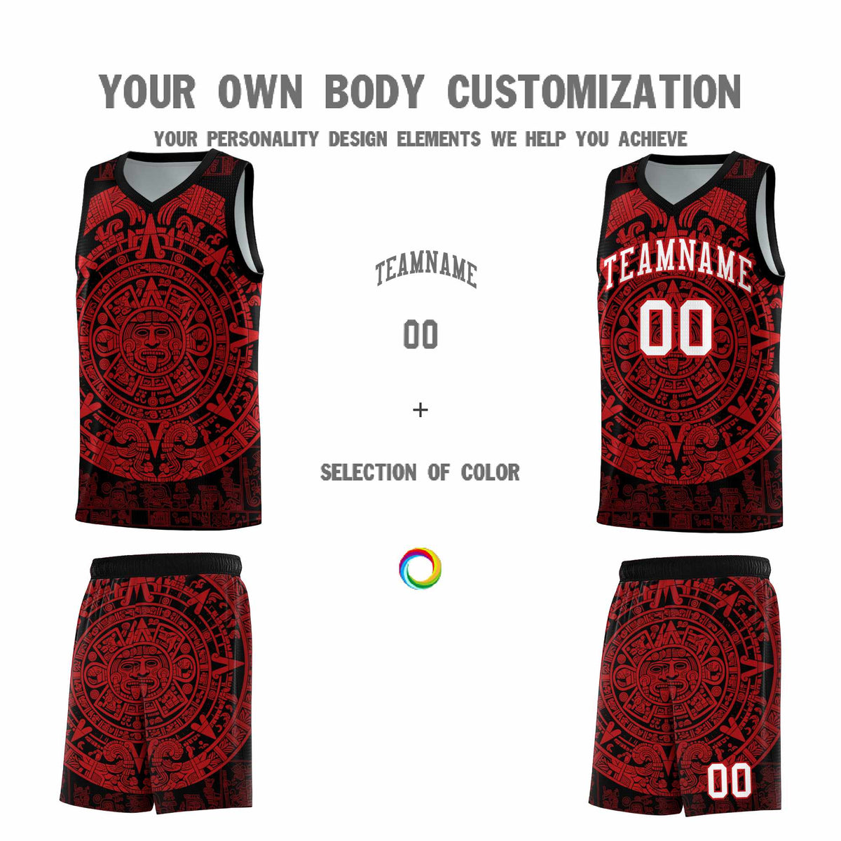 Custom Youth Basketball Jerseys Red Aztec Sun Stone Pattern Custom Team Set