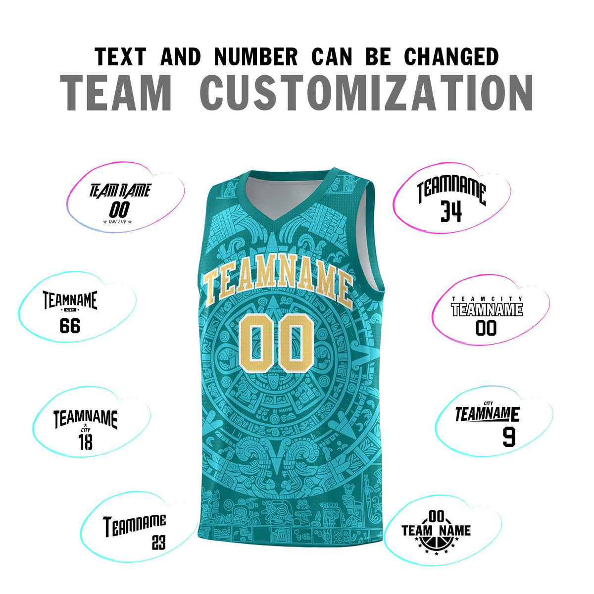 Custom Youth Basketball Jerseys Aqua Aztec Sun Stone Personalized Uniform