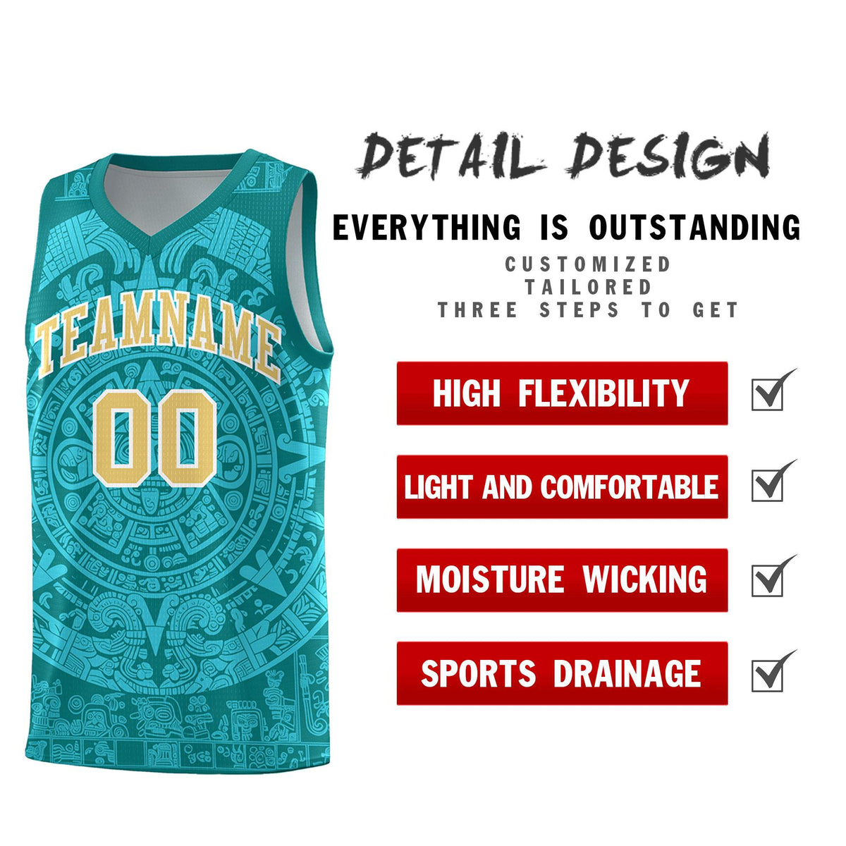 Custom Youth Basketball Jerseys Aqua Aztec Sun Stone Personalized Uniform