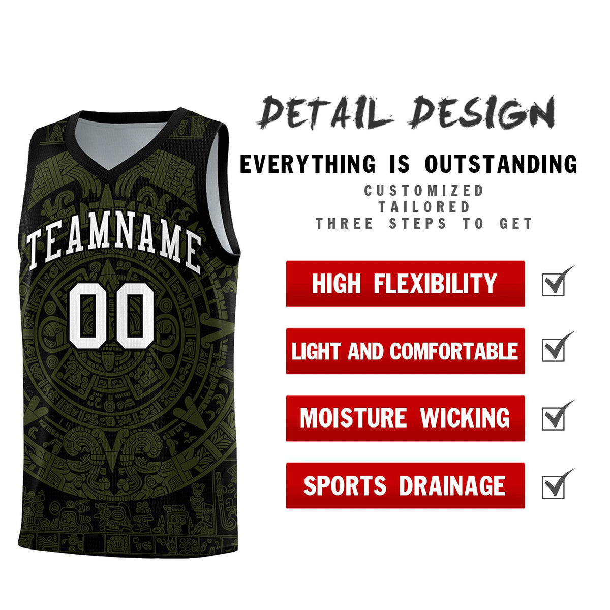 Custom Youth Basketball Jerseys Olive Aztec Sun Stone Pattern Custom Team Set