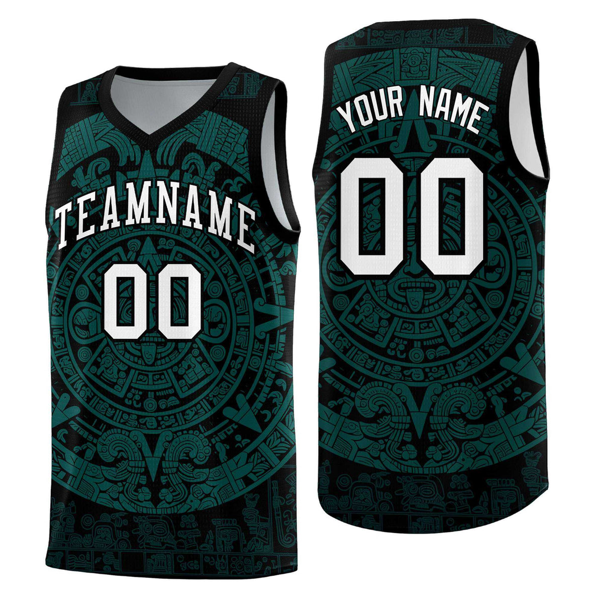 Custom Youth Basketball Jerseys Teal Aztec Sun Stone Design Team Uniform