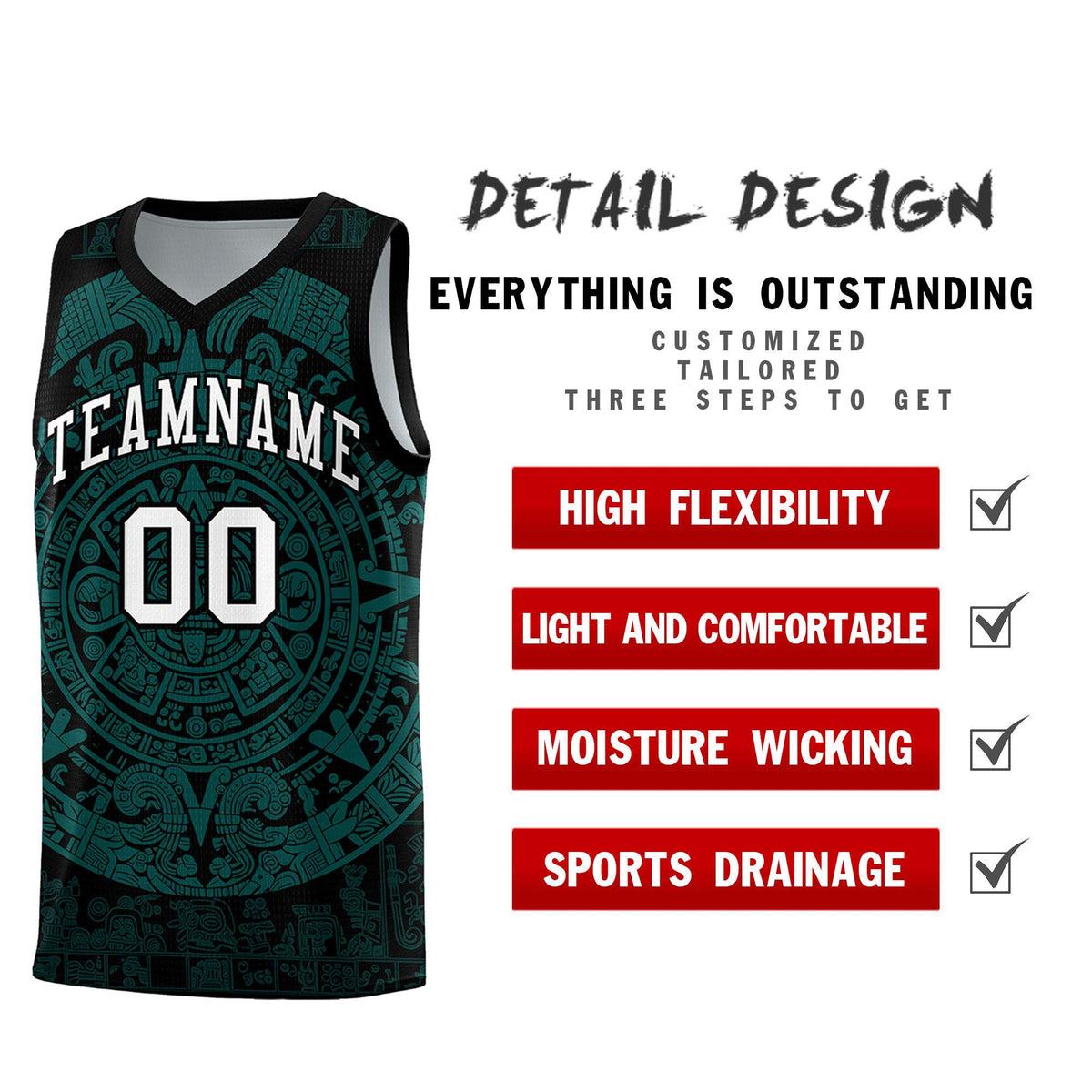 Custom Youth Basketball Jerseys Teal Aztec Sun Stone Design Team Uniform