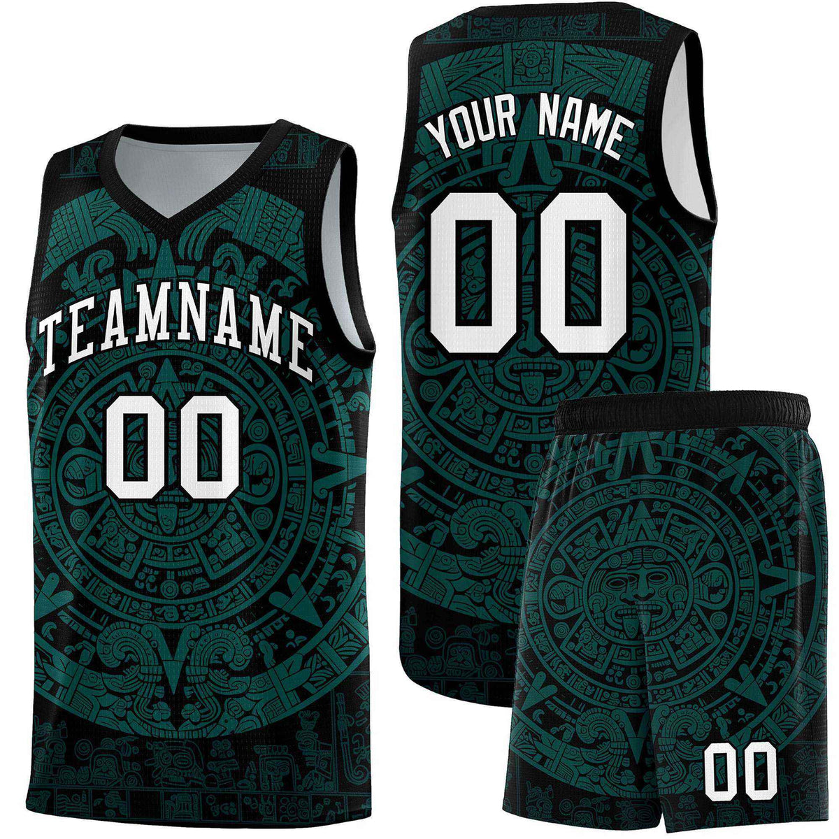 Custom Youth Basketball Jerseys Teal Aztec Sun Stone Design Team Uniform