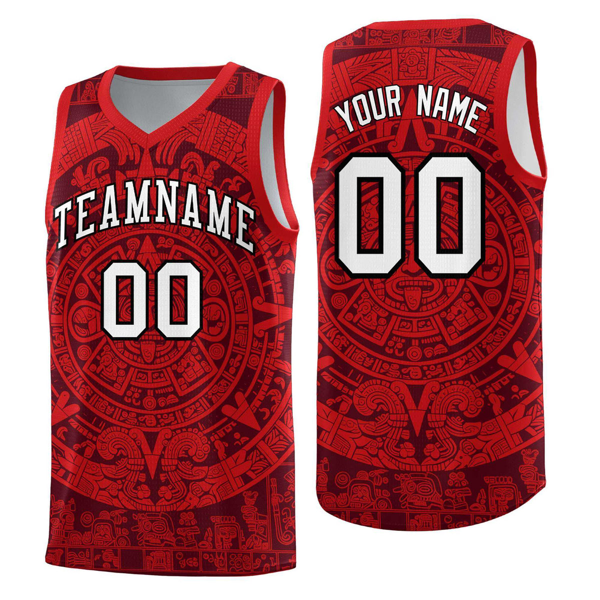 Custom Youth Basketball Jerseys Red Aztec Sun Stone Pattern Custom Team Set