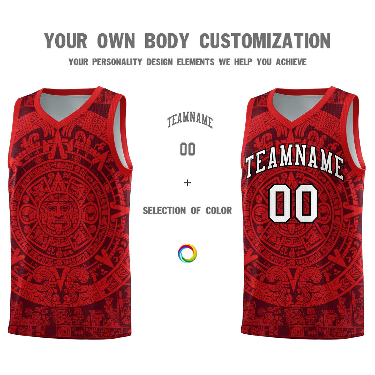 Custom Youth Basketball Jerseys Red Aztec Sun Stone Pattern Custom Team Set