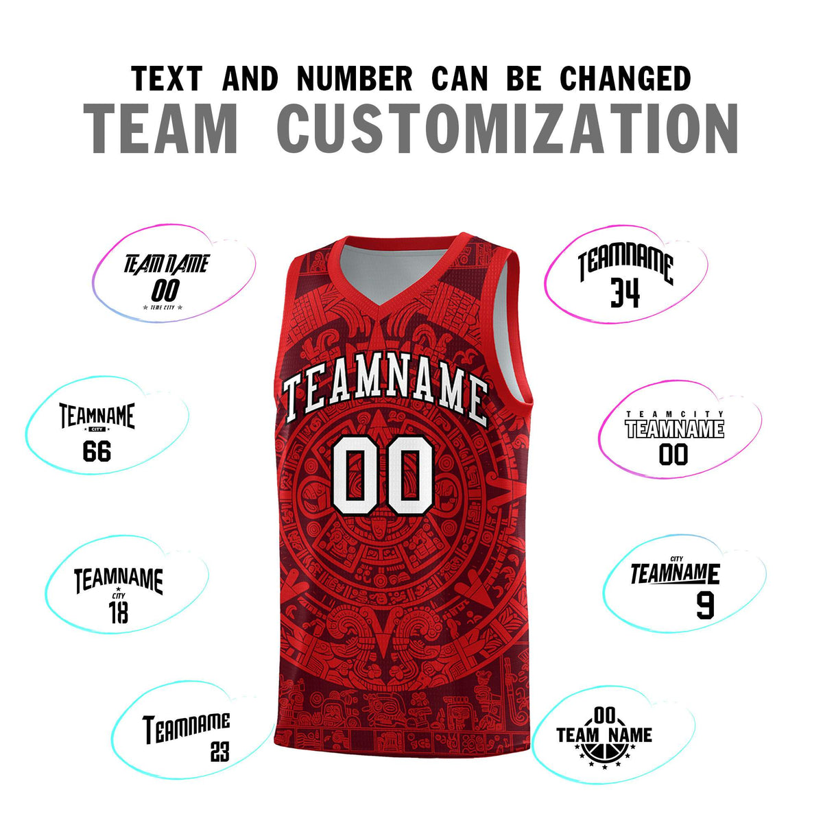 Custom Youth Basketball Jerseys Red Aztec Sun Stone Pattern Custom Team Set
