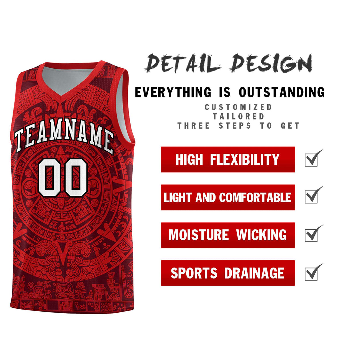 Custom Youth Basketball Jerseys Red Aztec Sun Stone Pattern Custom Team Set
