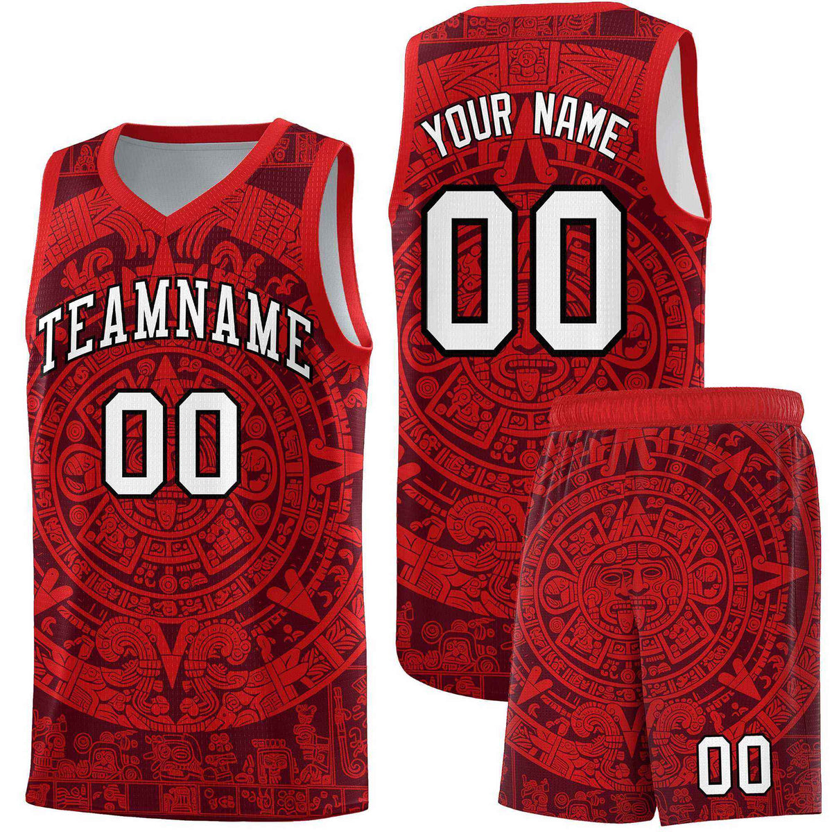 Custom Youth Basketball Jerseys Red Aztec Sun Stone Pattern Custom Team Set