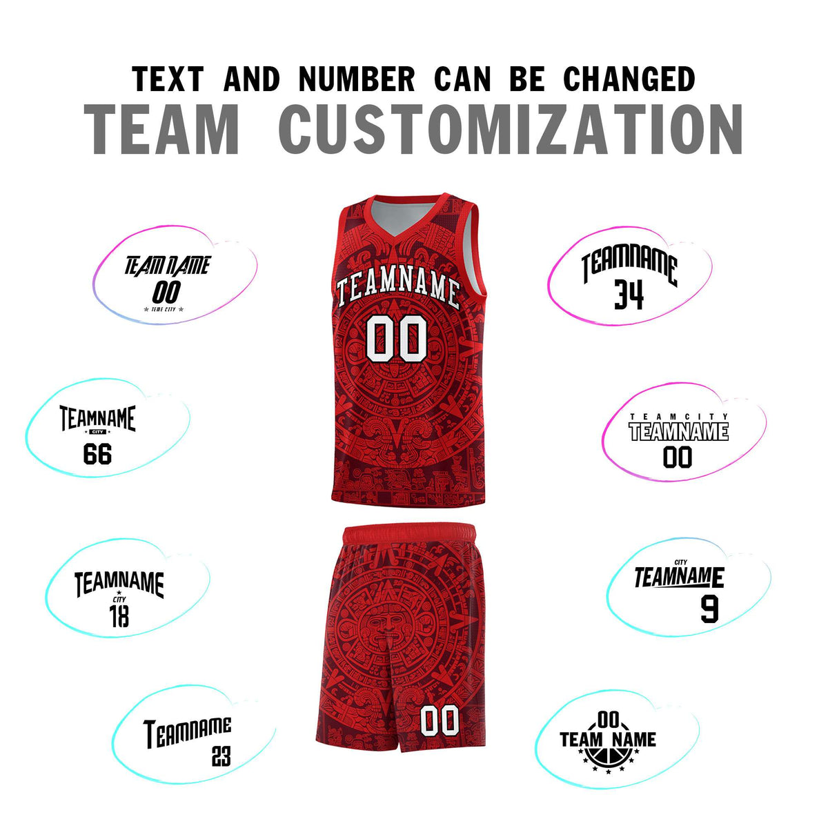 Custom Youth Basketball Jerseys Red Aztec Sun Stone Pattern Custom Team Set