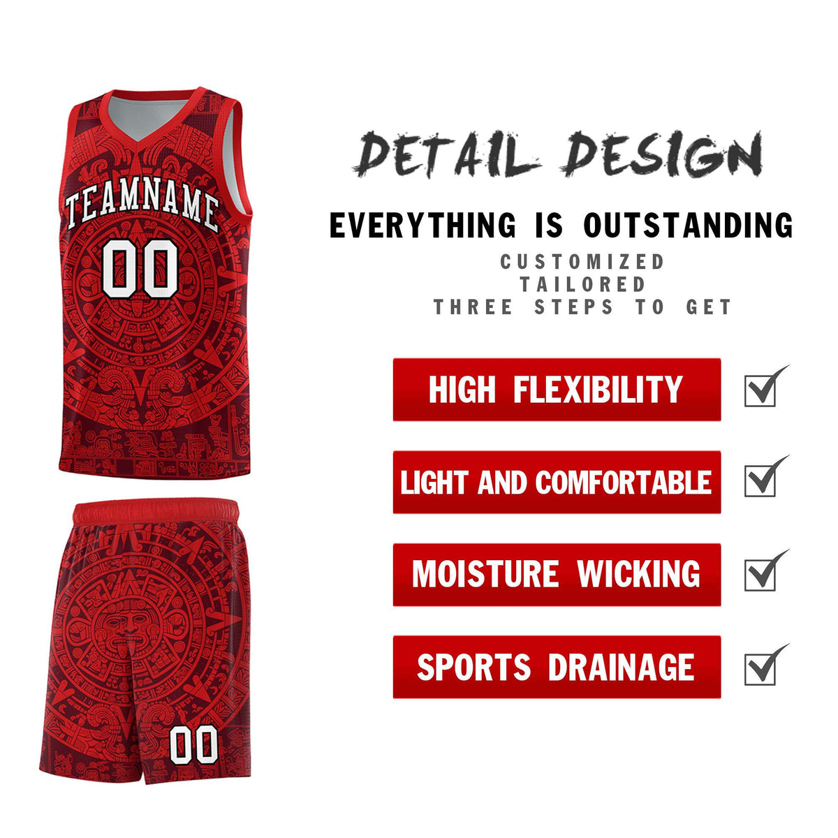 Custom Youth Basketball Jerseys Red Aztec Sun Stone Pattern Custom Team Set