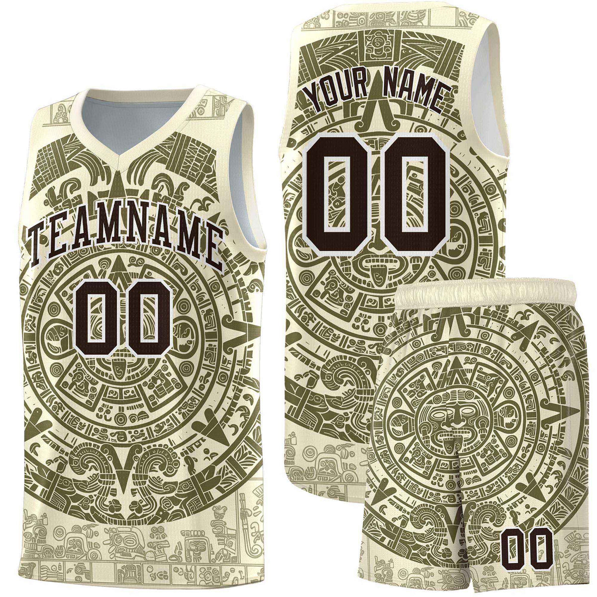 Custom Youth Basketball Jerseys Olive Aztec Sun Stone Personalized Uniform