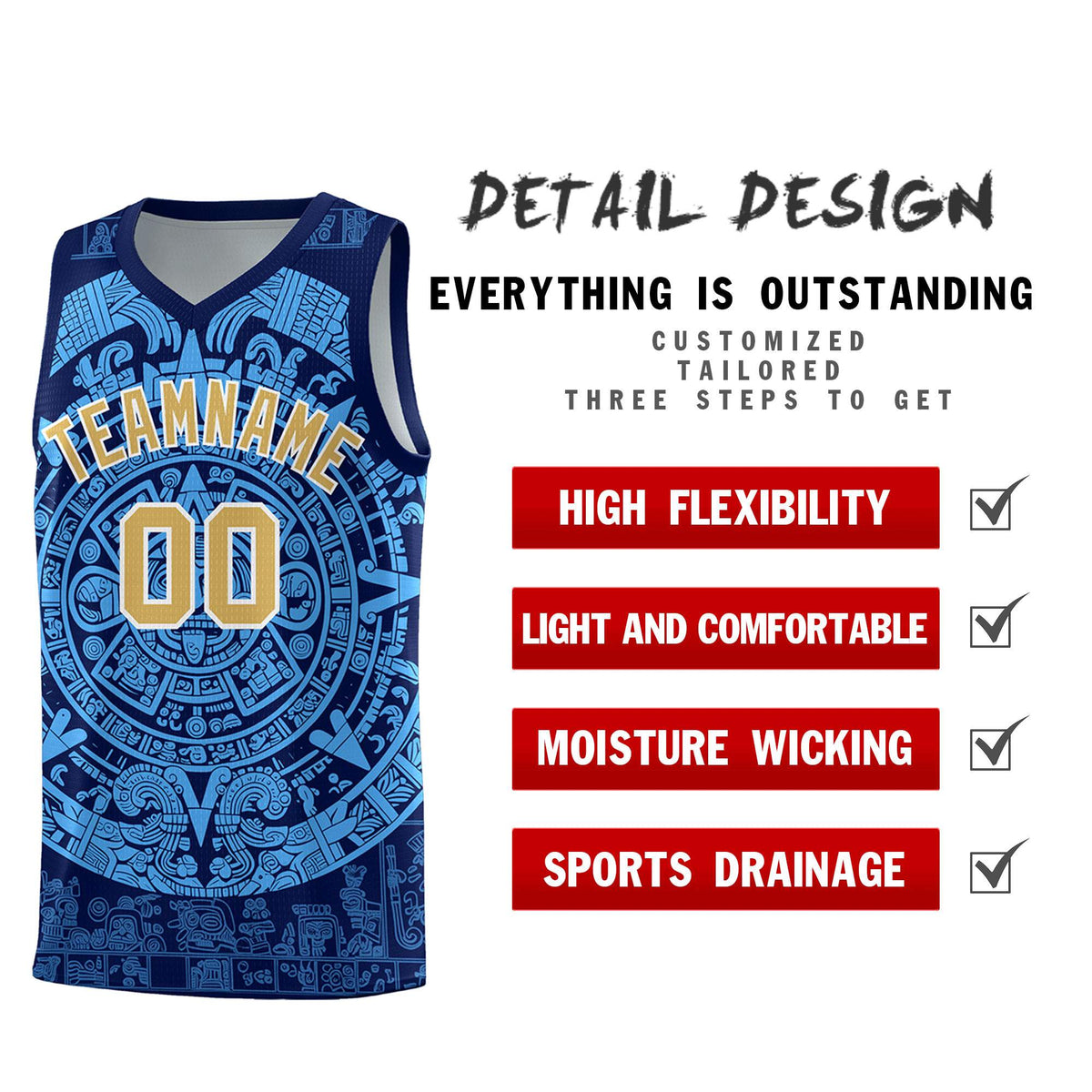 Custom Youth Basketball Jerseys Powder Blue Aztec Sun Stone Personalized Uniform