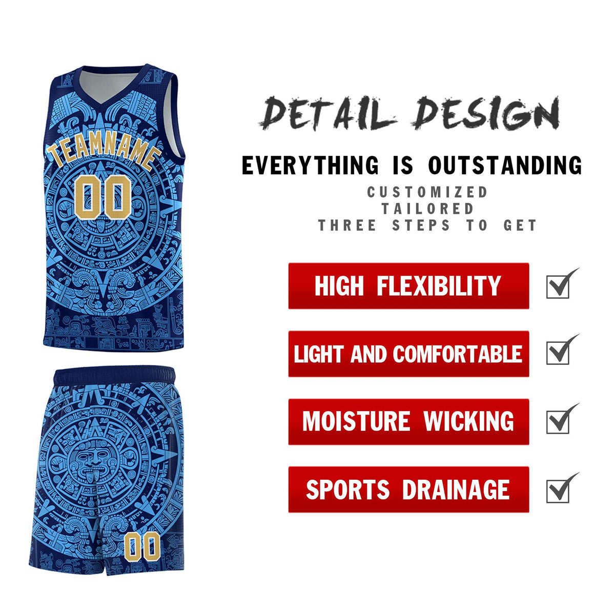 Custom Youth Basketball Jerseys Powder Blue Aztec Sun Stone Personalized Uniform