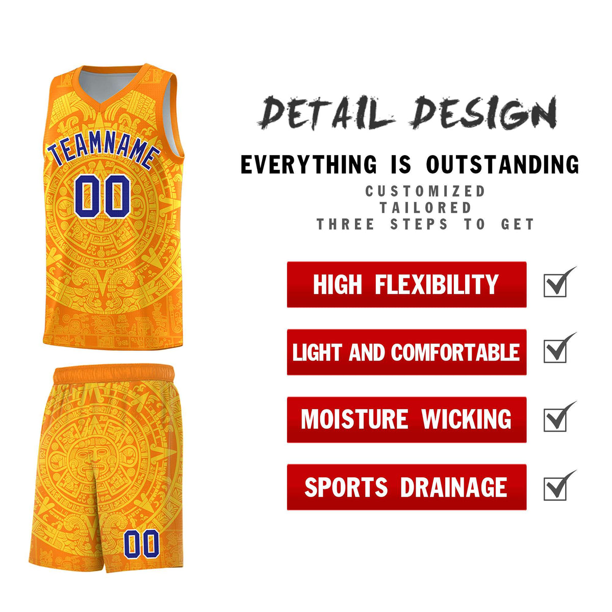 Custom Youth Basketball Jerseys Gold Aztec Sun Stone Design Team Uniform