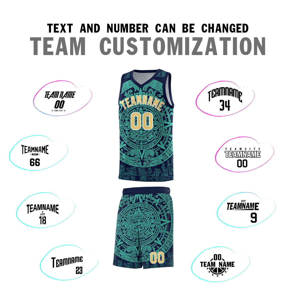 Custom Youth Basketball Jerseys Aqua Aztec Sun Stone Personalized Uniform