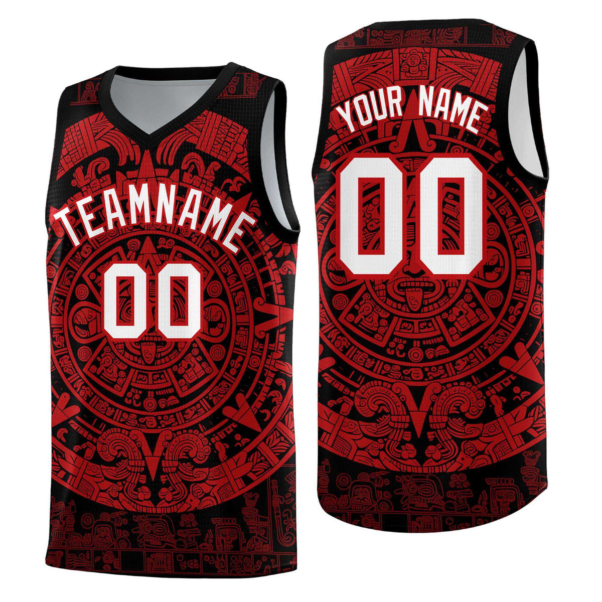 Custom Youth Basketball Jerseys Red Aztec Sun Stone Pattern Custom Team Set