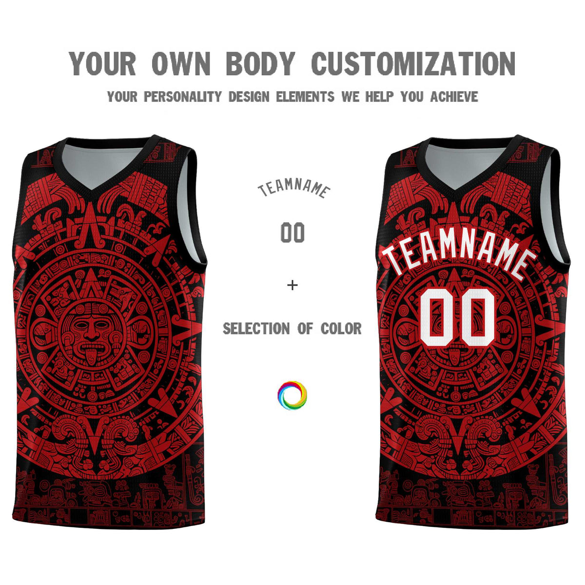Custom Youth Basketball Jerseys Red Aztec Sun Stone Pattern Custom Team Set