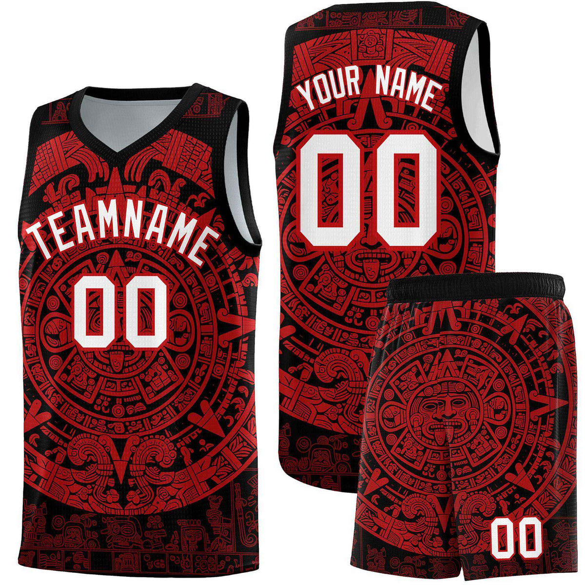 Custom Youth Basketball Jerseys Red Aztec Sun Stone Pattern Custom Team Set