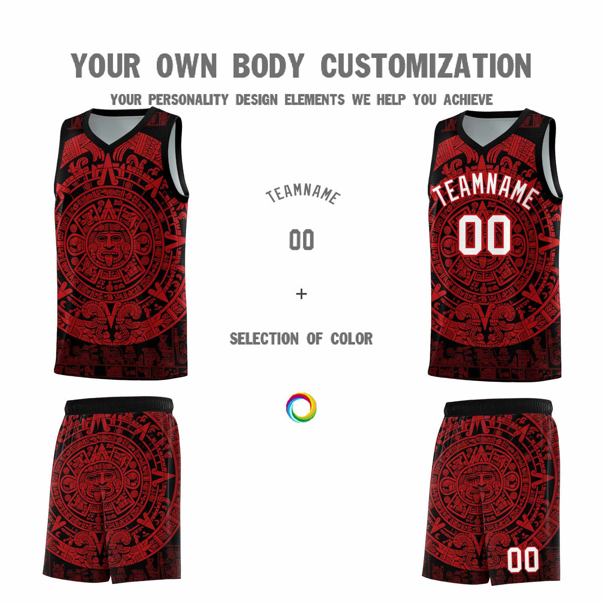 Custom Youth Basketball Jerseys Red Aztec Sun Stone Pattern Custom Team Set