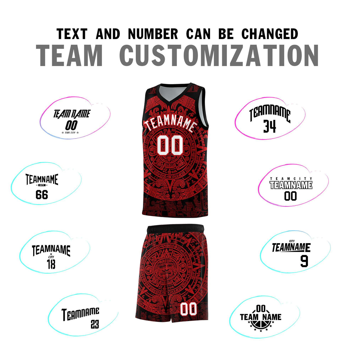 Custom Youth Basketball Jerseys Red Aztec Sun Stone Pattern Custom Team Set