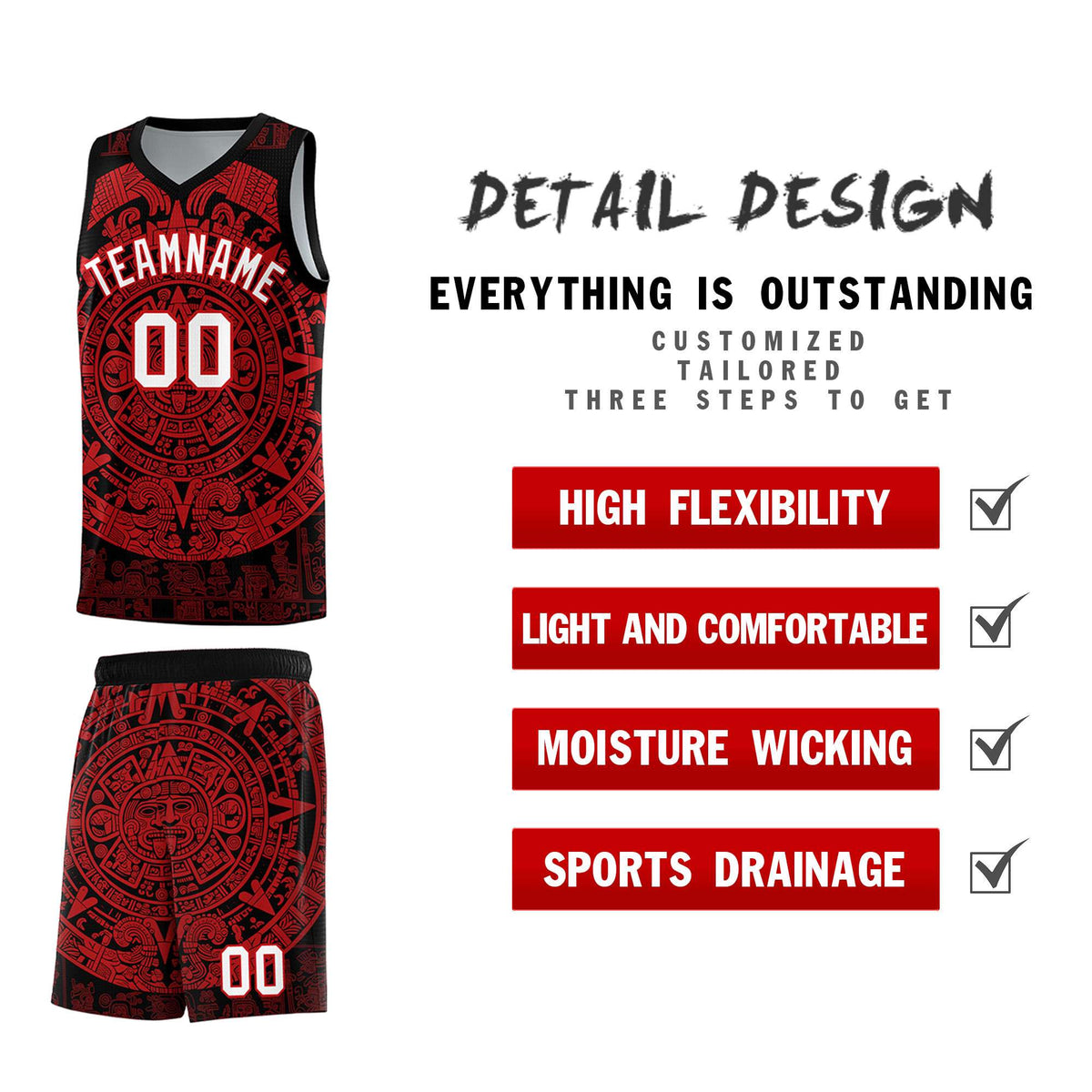 Custom Youth Basketball Jerseys Red Aztec Sun Stone Pattern Custom Team Set