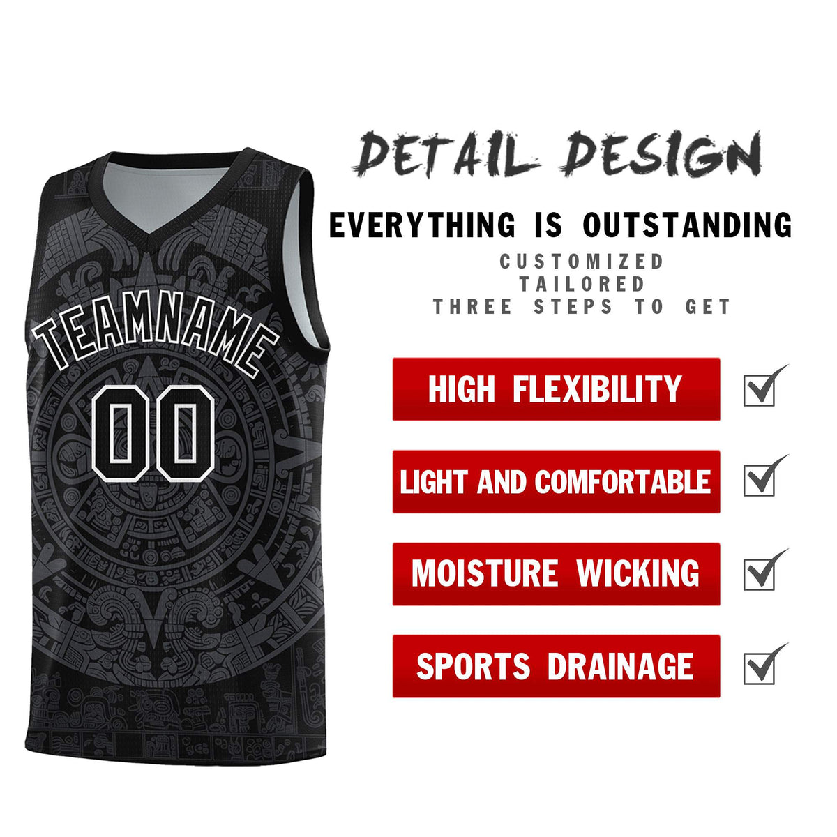 Custom Youth Basketball Jerseys Gray Aztec Sun Stone Design Team Uniform