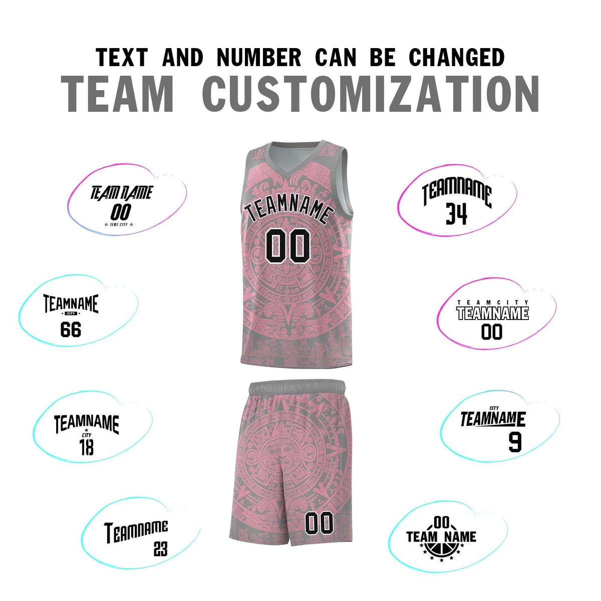 Custom Youth Basketball Jerseys Light Pink Aztec Sun Stone Pattern Custom Team Set