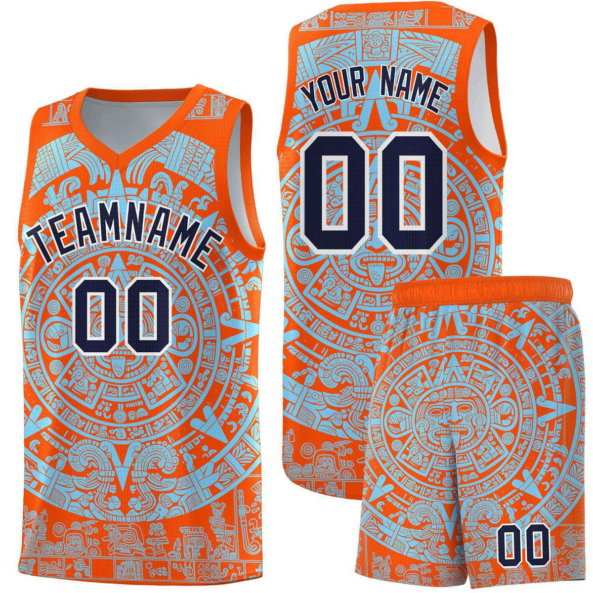 Custom Youth Basketball Jerseys Light Blue Aztec Sun Stone Design Team Uniform
