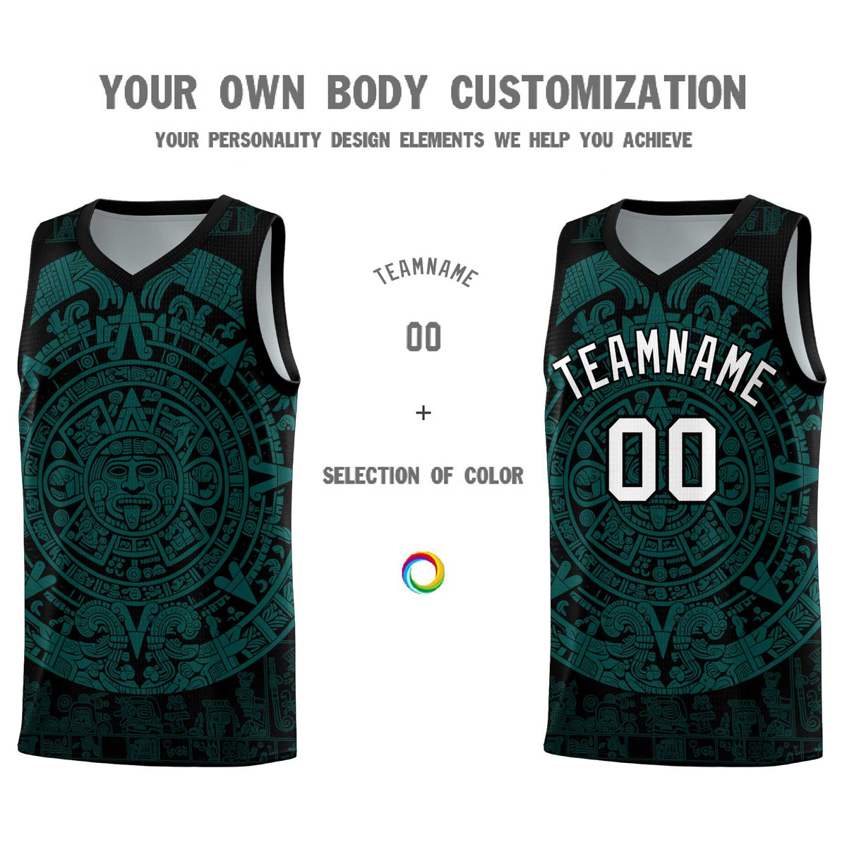 Custom Youth Basketball Jerseys Teal Aztec Sun Stone Design Team Uniform
