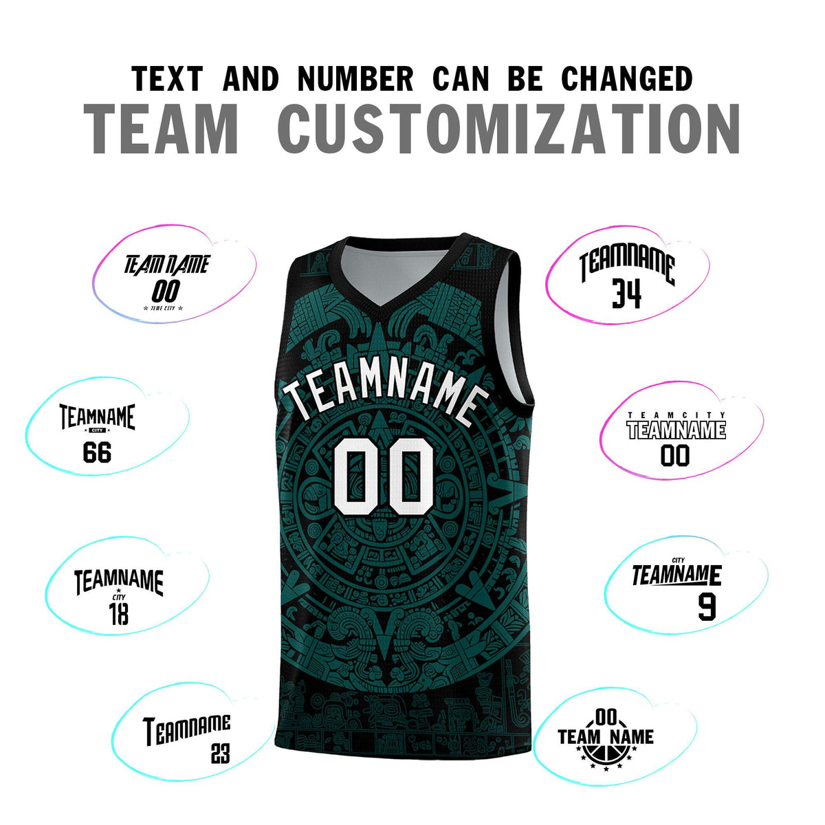 Custom Youth Basketball Jerseys Teal Aztec Sun Stone Design Team Uniform