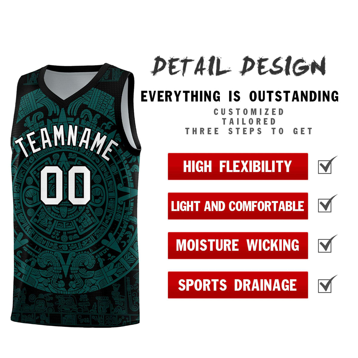 Custom Youth Basketball Jerseys Teal Aztec Sun Stone Design Team Uniform