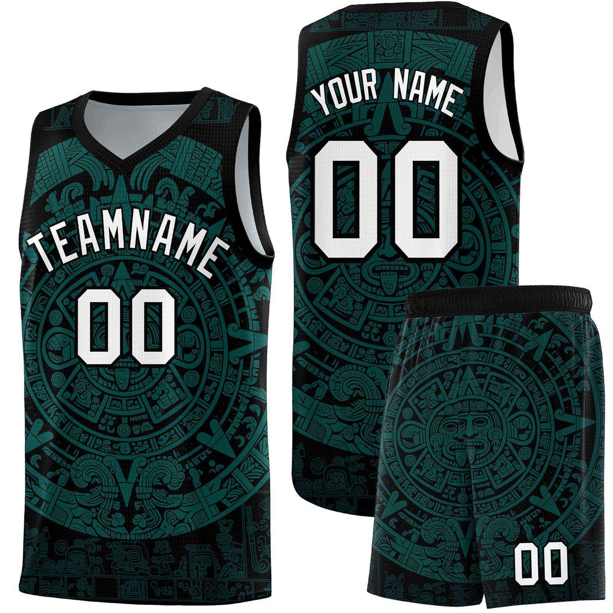 Custom Youth Basketball Jerseys Teal Aztec Sun Stone Design Team Uniform