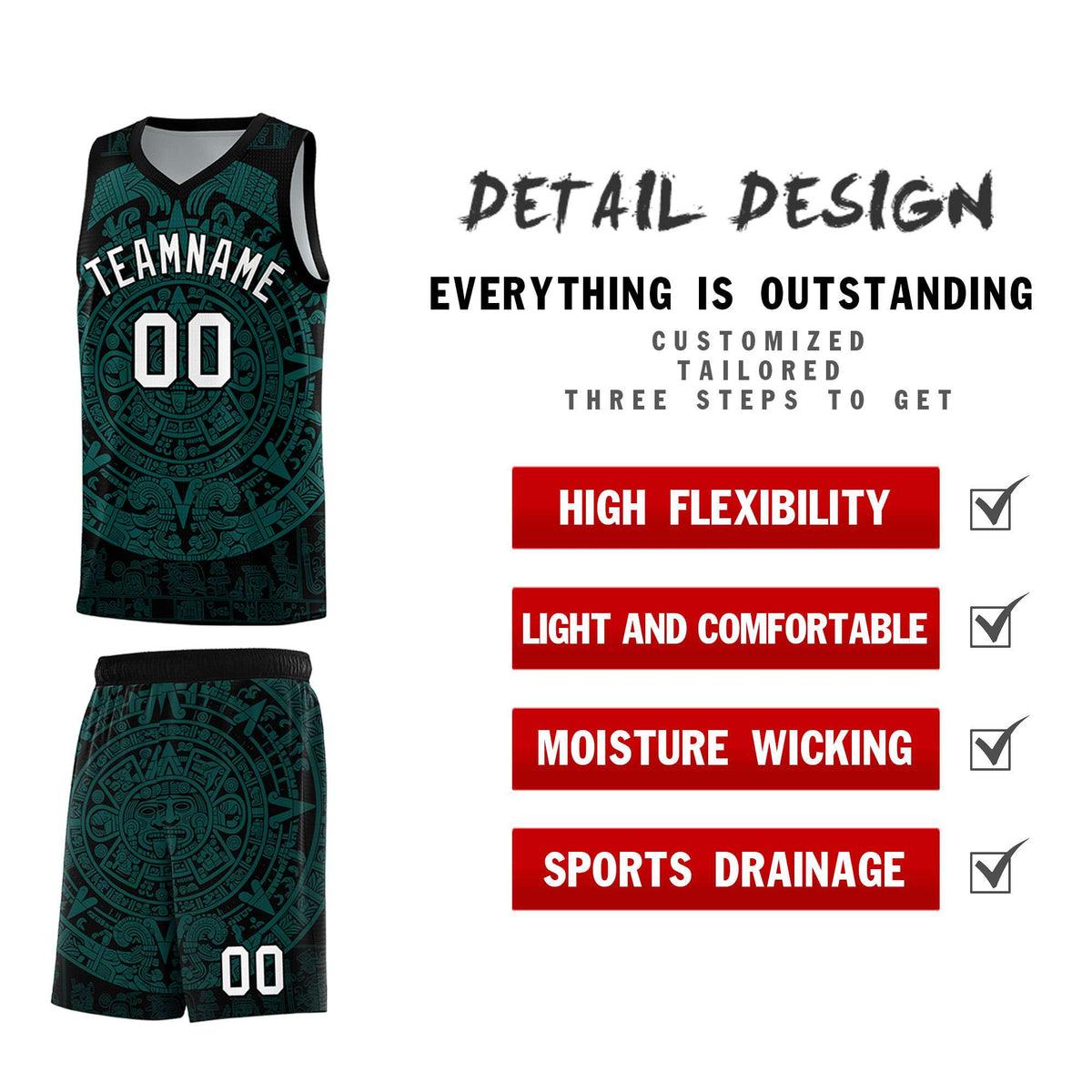Custom Youth Basketball Jerseys Teal Aztec Sun Stone Design Team Uniform