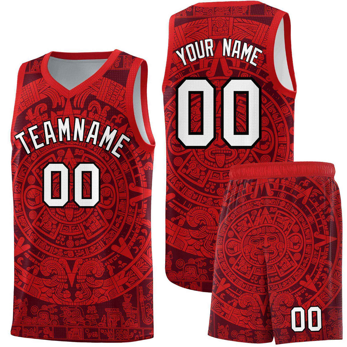 Custom Youth Basketball Jerseys Red Aztec Sun Stone Pattern Custom Team Set