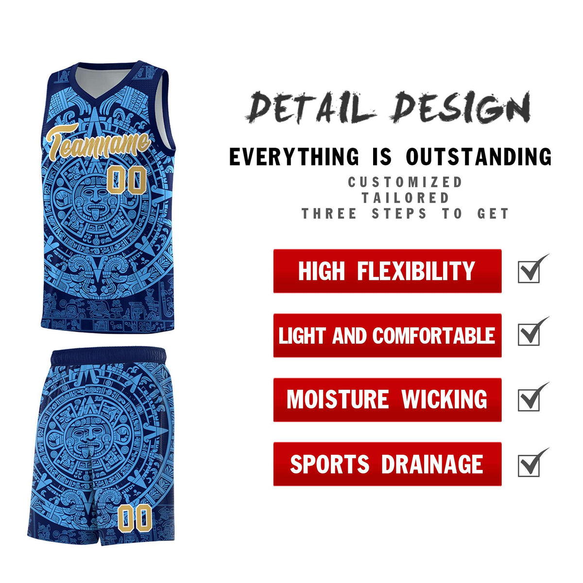 Custom Youth Basketball Jerseys Powder Blue Aztec Sun Stone Personalized Uniform