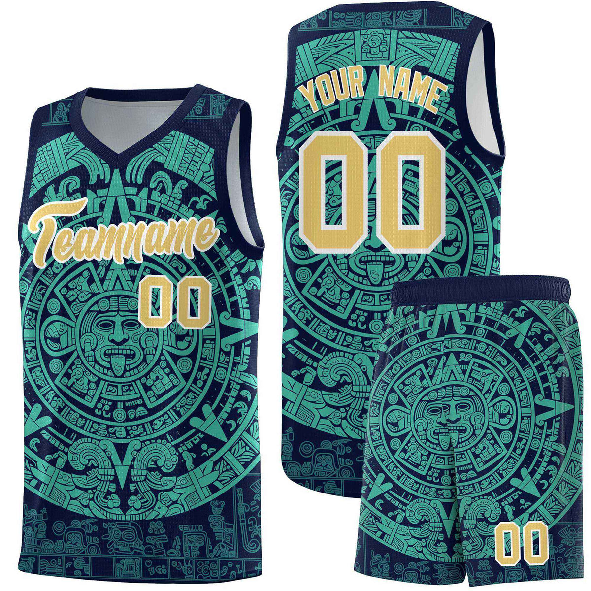 Custom Youth Basketball Jerseys Aqua Aztec Sun Stone Personalized Uniform