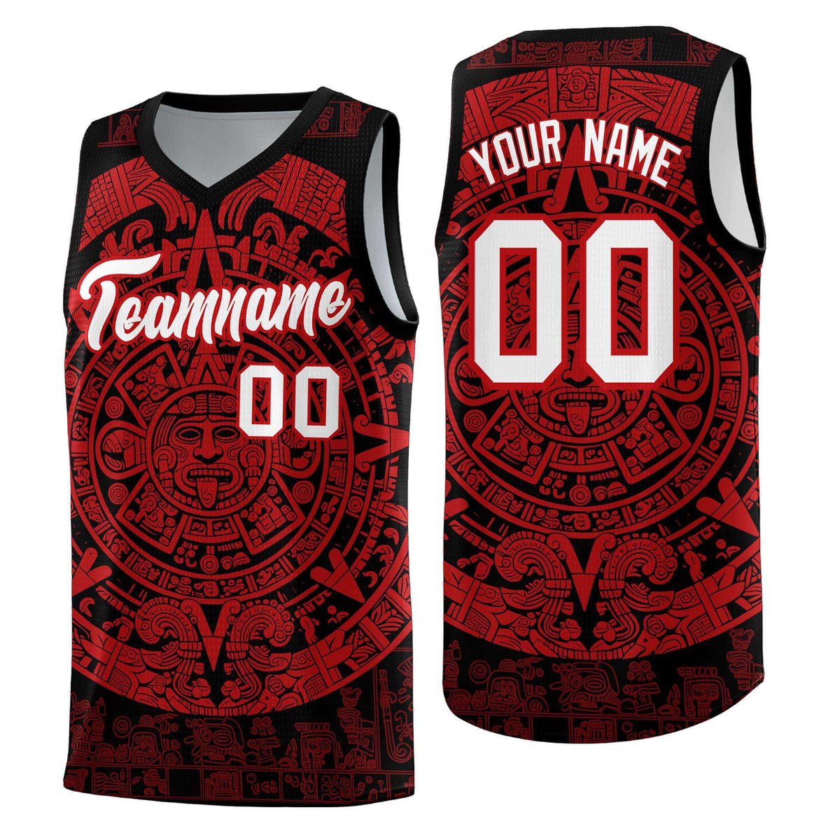 Custom Youth Basketball Jerseys Red Aztec Sun Stone Pattern Custom Team Set