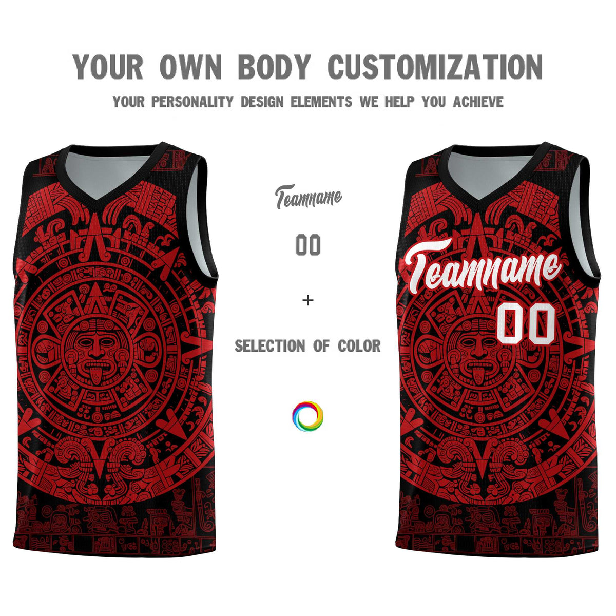 Custom Youth Basketball Jerseys Red Aztec Sun Stone Pattern Custom Team Set