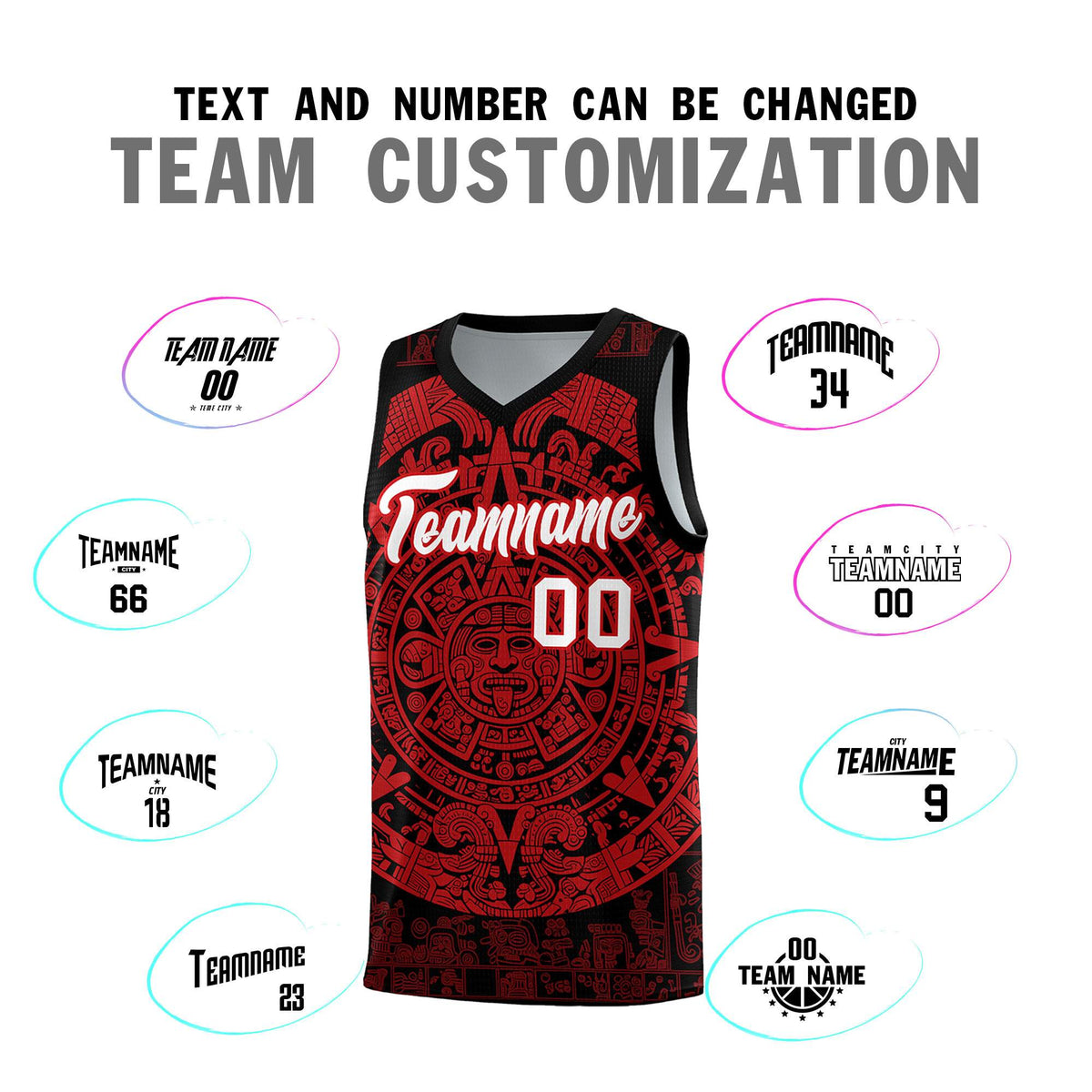Custom Youth Basketball Jerseys Red Aztec Sun Stone Pattern Custom Team Set
