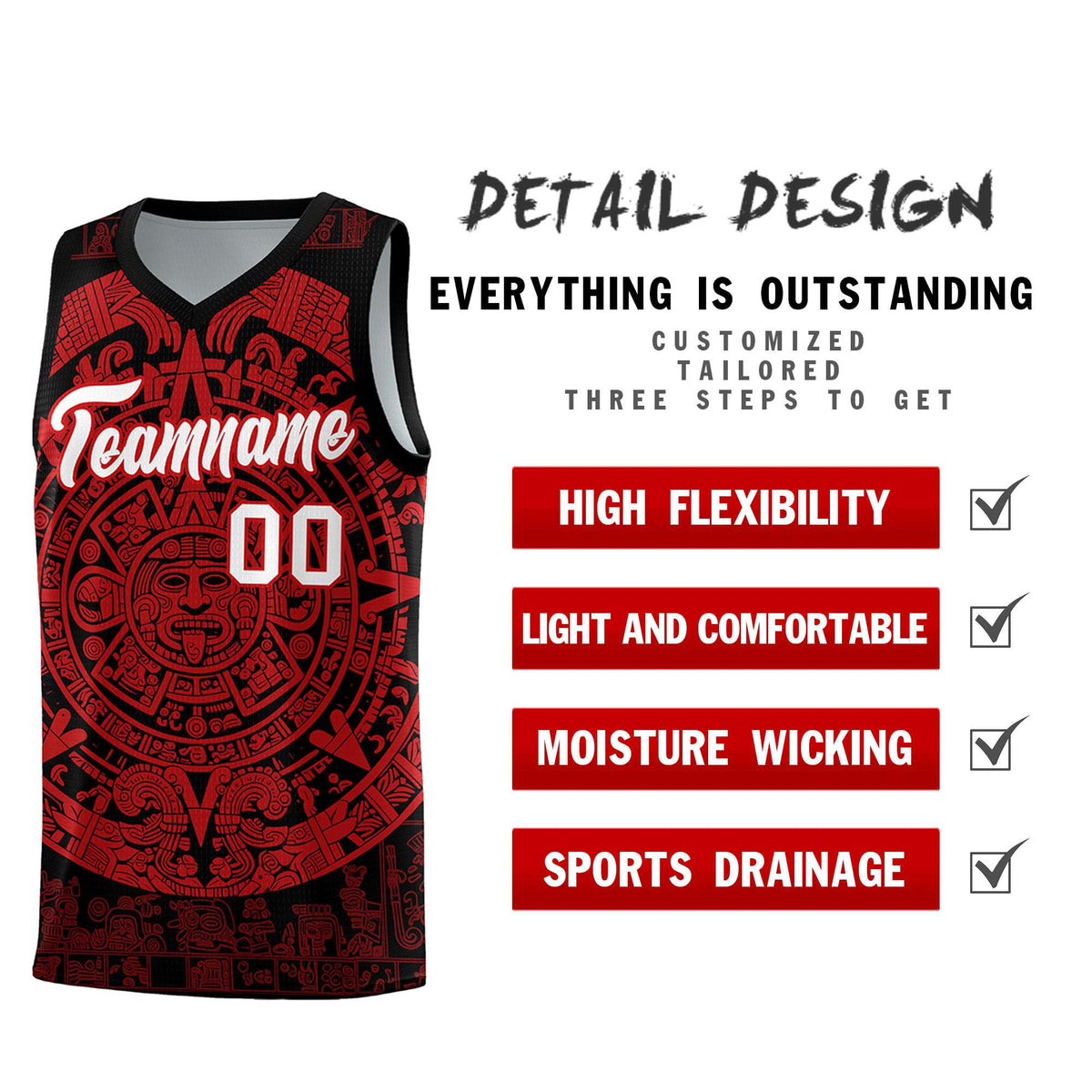 Custom Youth Basketball Jerseys Red Aztec Sun Stone Pattern Custom Team Set