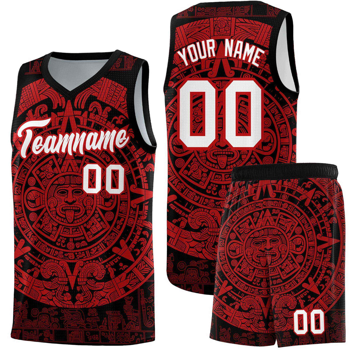 Custom Youth Basketball Jerseys Red Aztec Sun Stone Pattern Custom Team Set