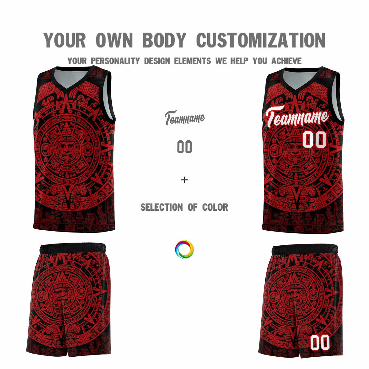 Custom Youth Basketball Jerseys Red Aztec Sun Stone Pattern Custom Team Set