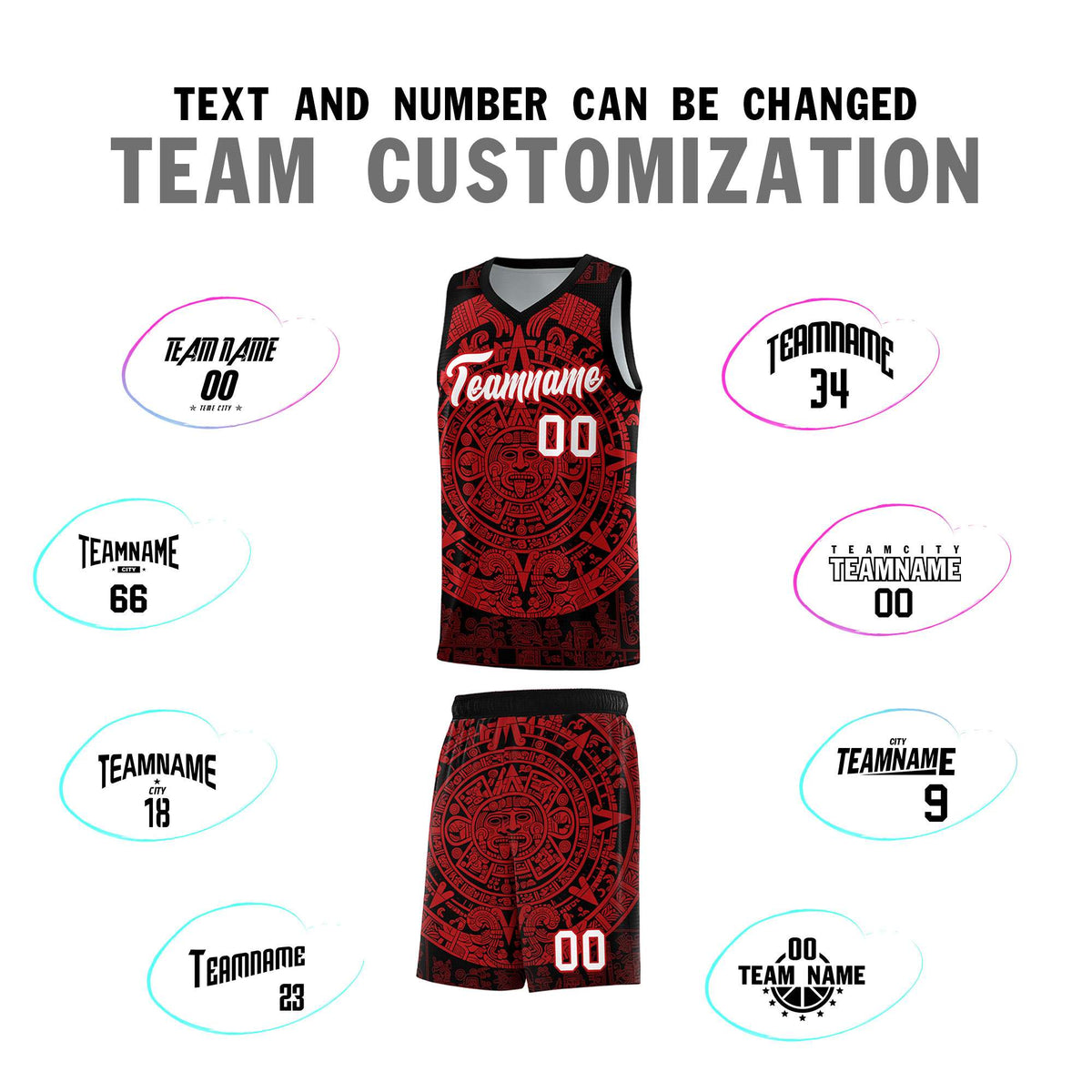Custom Youth Basketball Jerseys Red Aztec Sun Stone Pattern Custom Team Set