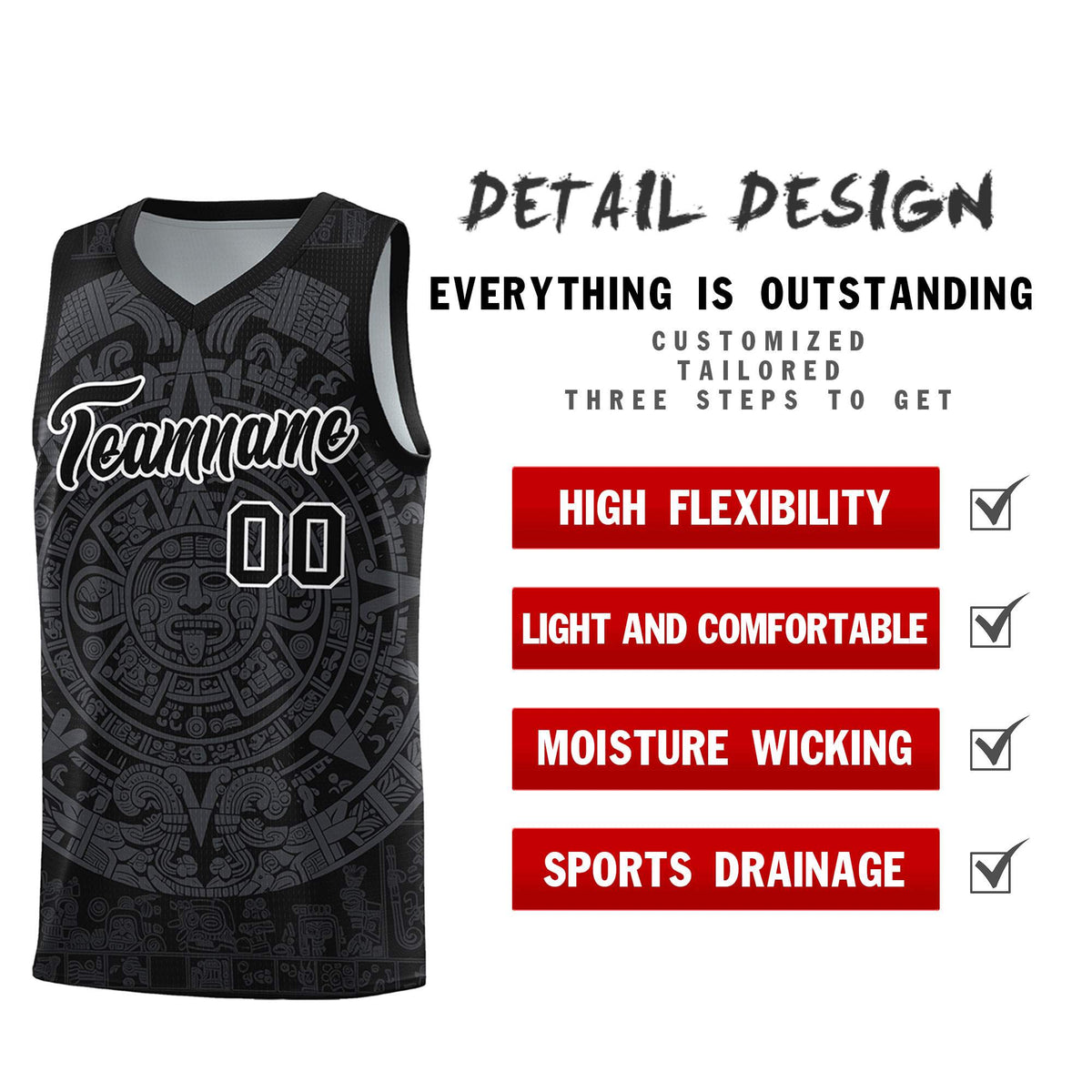Custom Youth Basketball Jerseys Gray Aztec Sun Stone Design Team Uniform