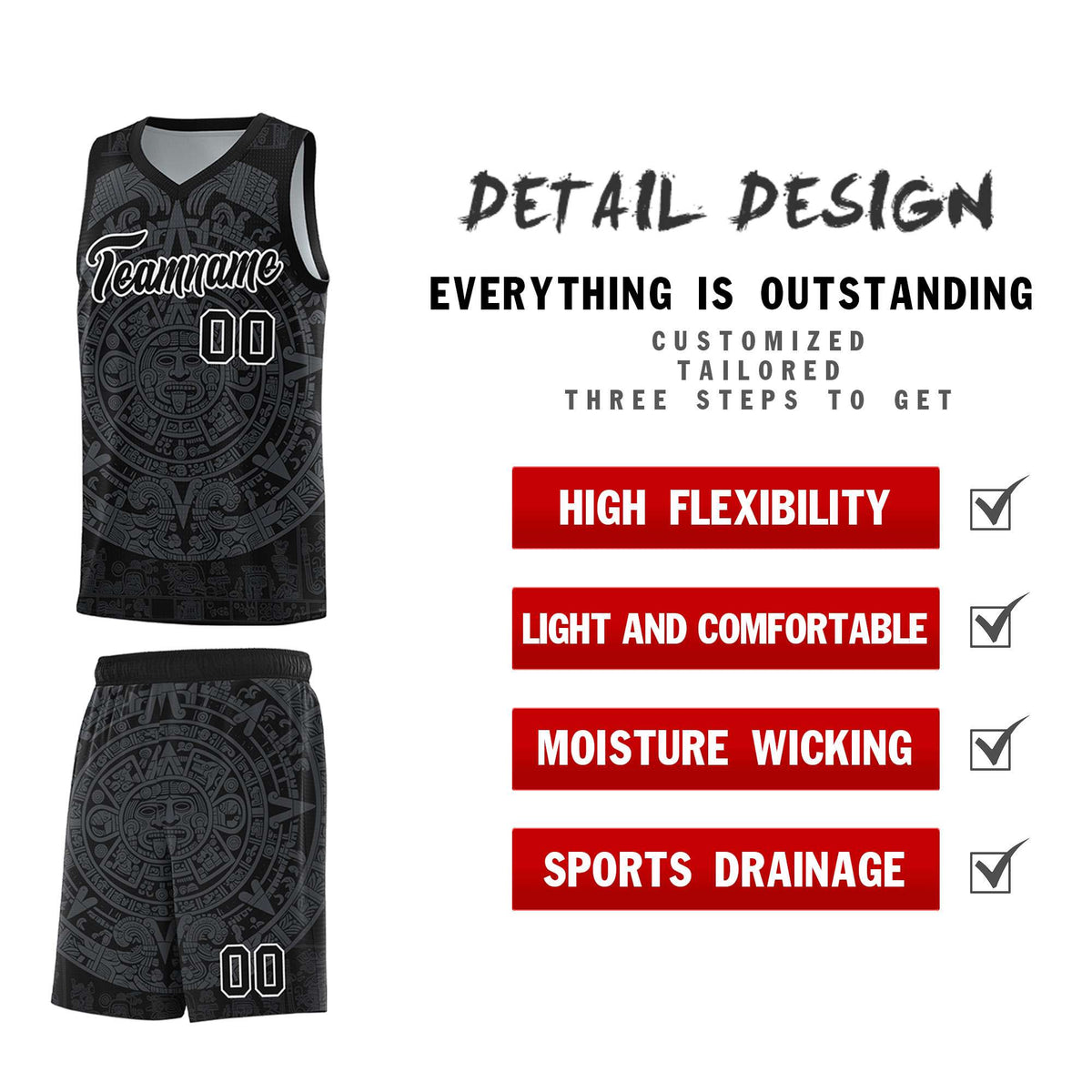 Custom Youth Basketball Jerseys Gray Aztec Sun Stone Design Team Uniform