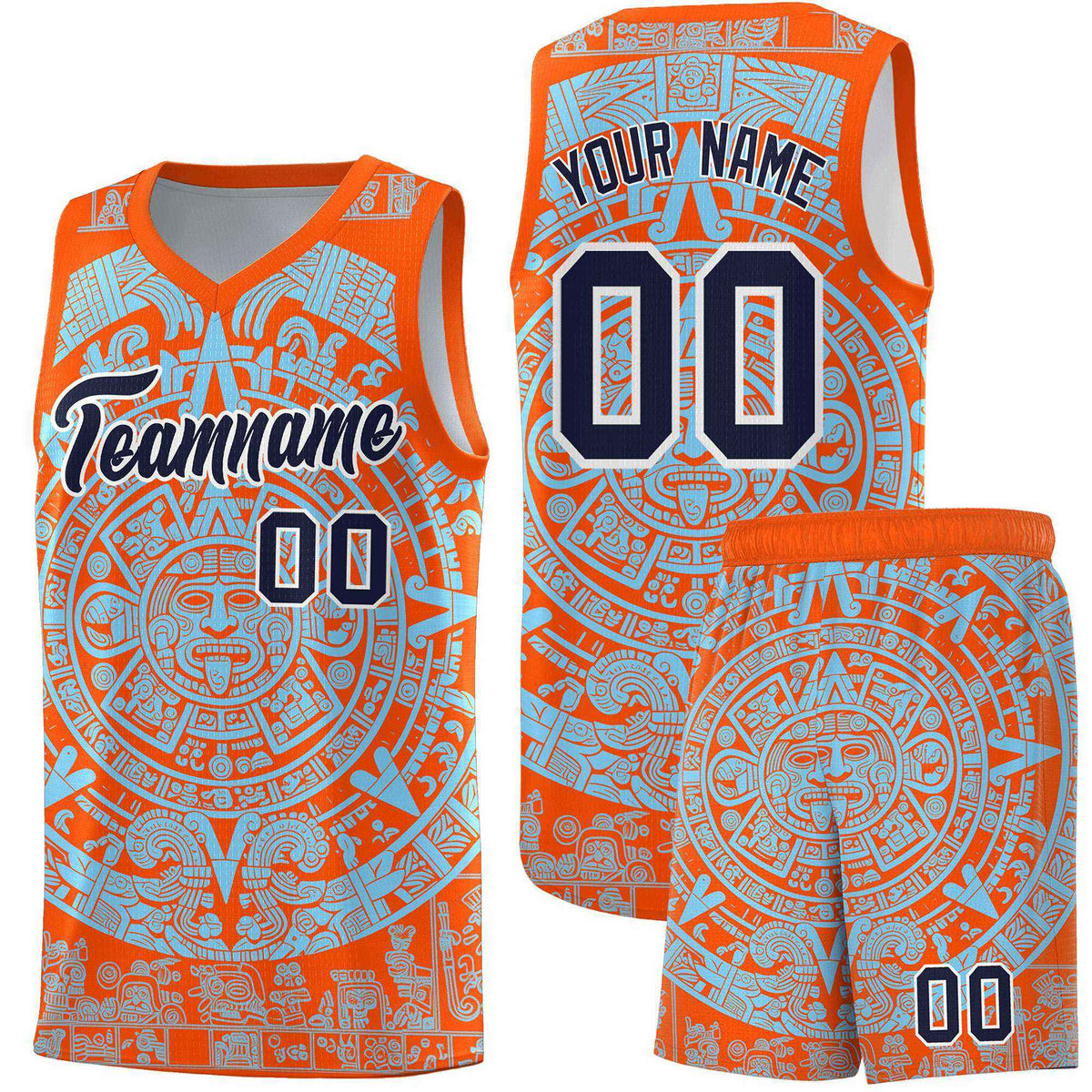 Custom Youth Basketball Jerseys Light Blue Aztec Sun Stone Design Team Uniform