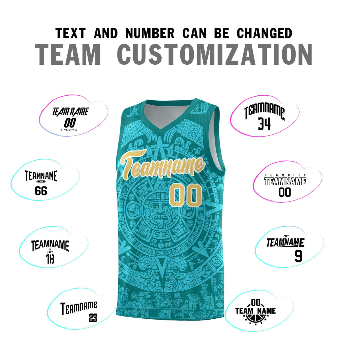 Custom Youth Basketball Jerseys Aqua Aztec Sun Stone Personalized Uniform