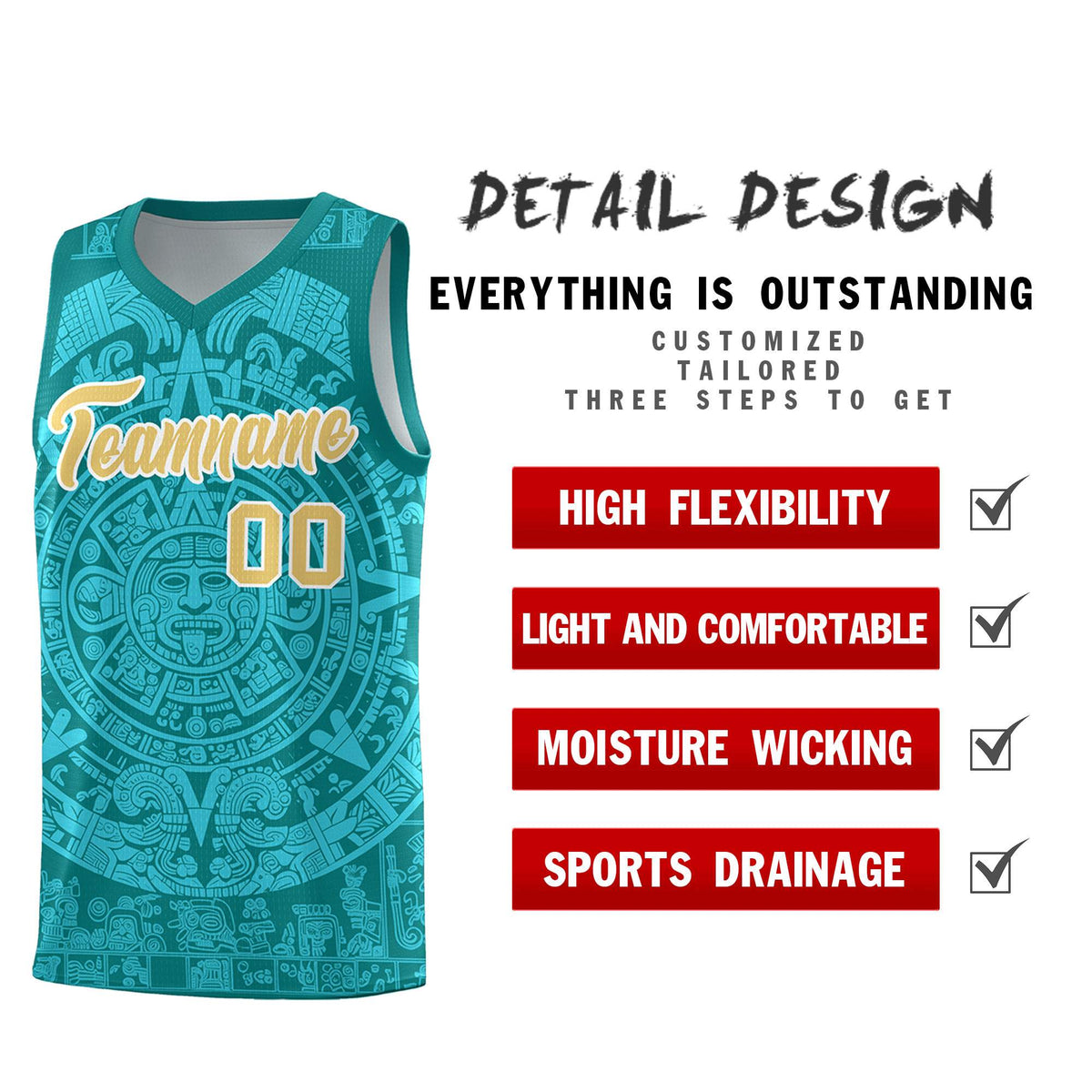 Custom Youth Basketball Jerseys Aqua Aztec Sun Stone Personalized Uniform